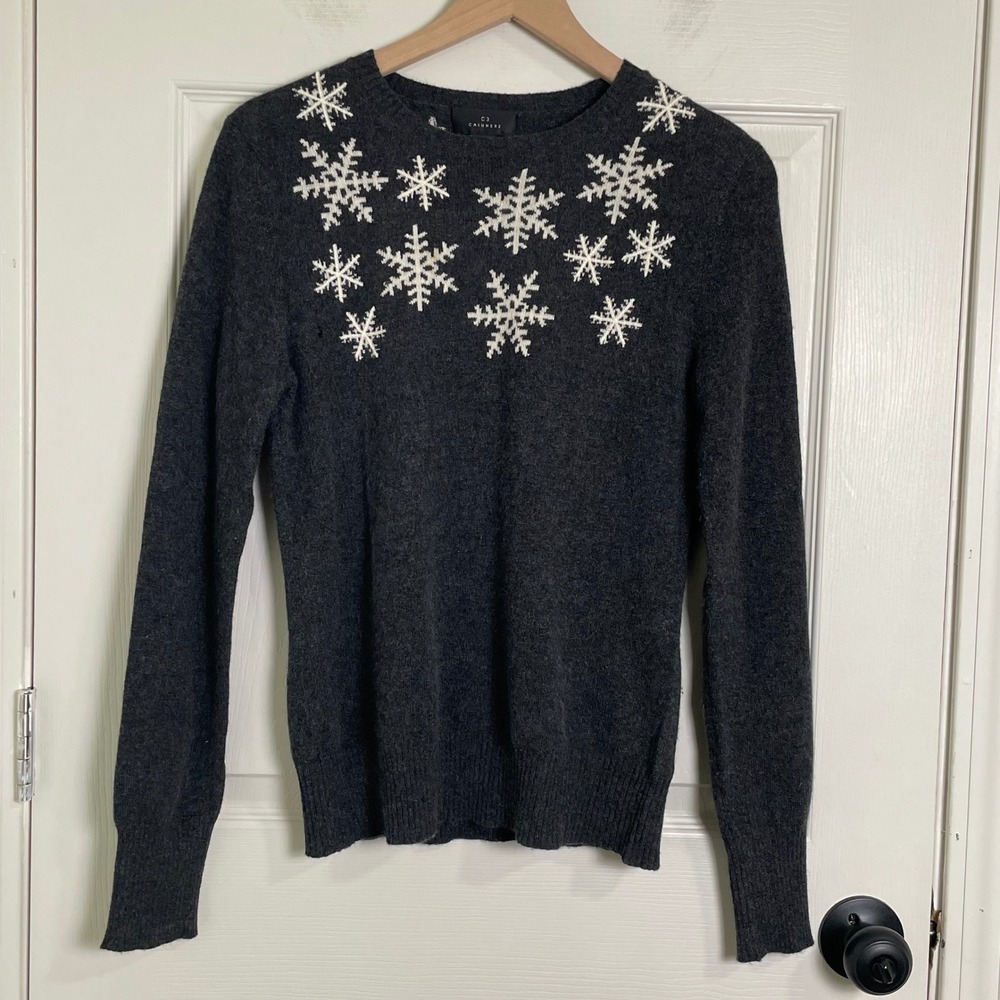 C3 Cashmere 100% Cashmere Sweater Women Large Gray Snowflake Quiet Luxury *Hole*